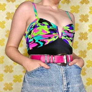 Vintage 90s black, green, blue & pink abstract one piece swimsuit 🌀